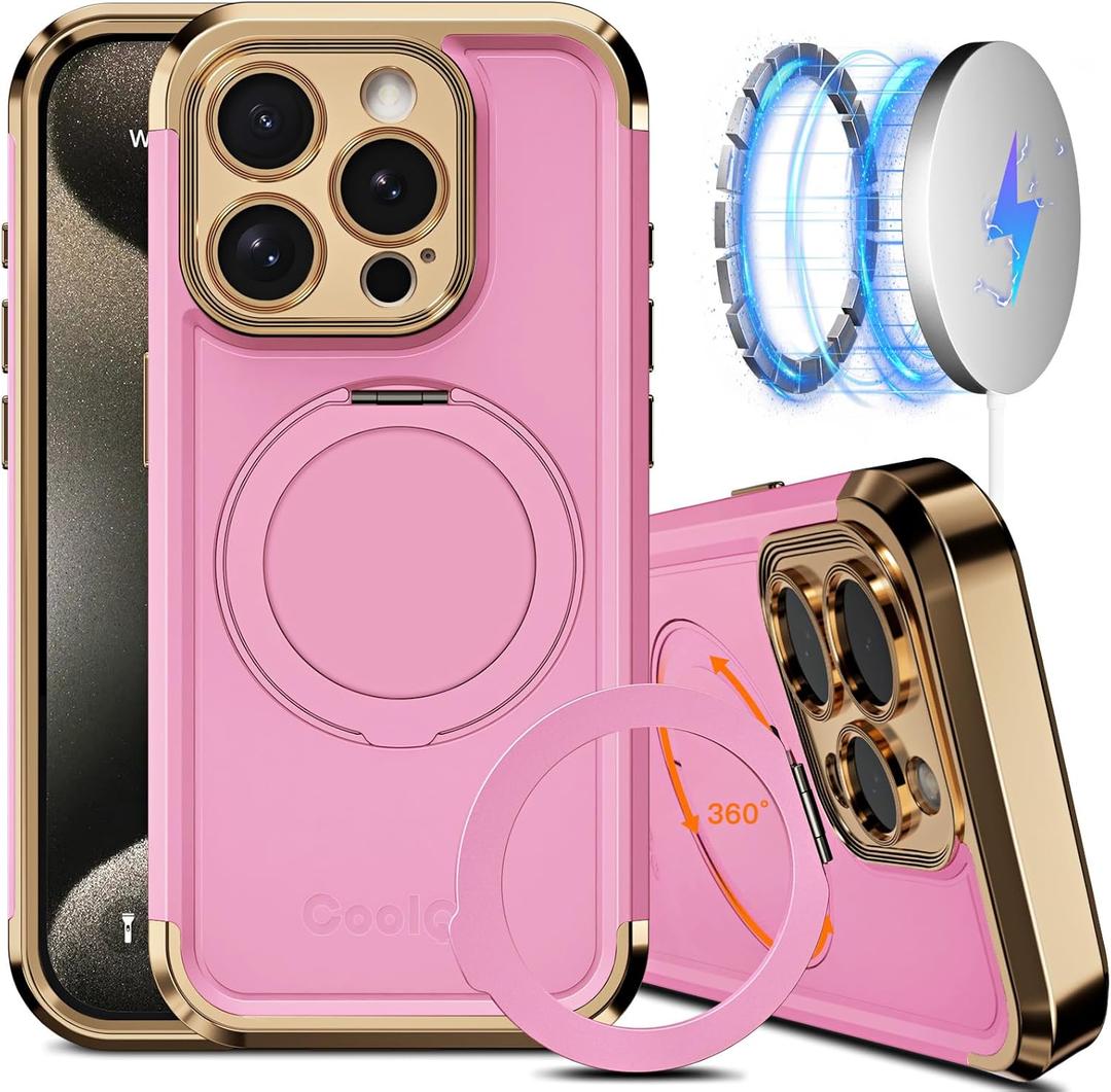 COOLQO for iPhone 15 Pro Max Case 6.7'' Upgraded 360 Spin Magnetic Stand [Compatible with Magsafe][Military Protection] Shockproof Protective Phone Holder Cover for iPhone 15 Pro Max, Pink Gold