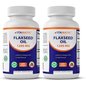 Vitamatic 2 Pack Flaxseed Oil 1200mg 120 from Cold Pressed Flax Seed - 675 mg of ALA Omega 3 Fatty Acids for Improving Heart Health, BB Date: 05/2027