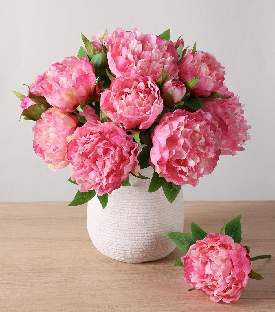 florisso Pink Peony Artificial Flowers - 11 Branches Faux Peonies for Wedding Bouquets, Home Decor & DIY Craft Projects (Artificial Floral Decor)