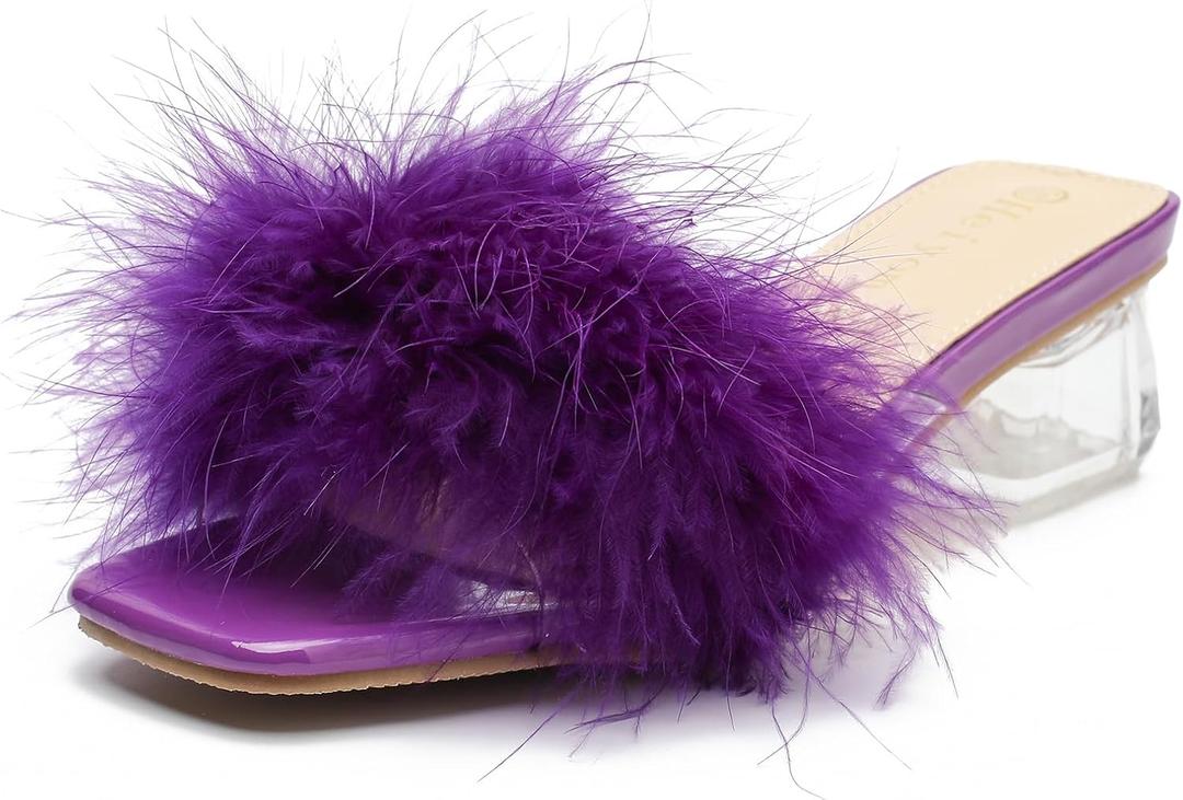Women's Square Toe Heeled Sandals Low Block Chunky Heels Clear Mules Fluffy Feather Slip on Wedding Bridal Party Dress Shoes (Purple) 41