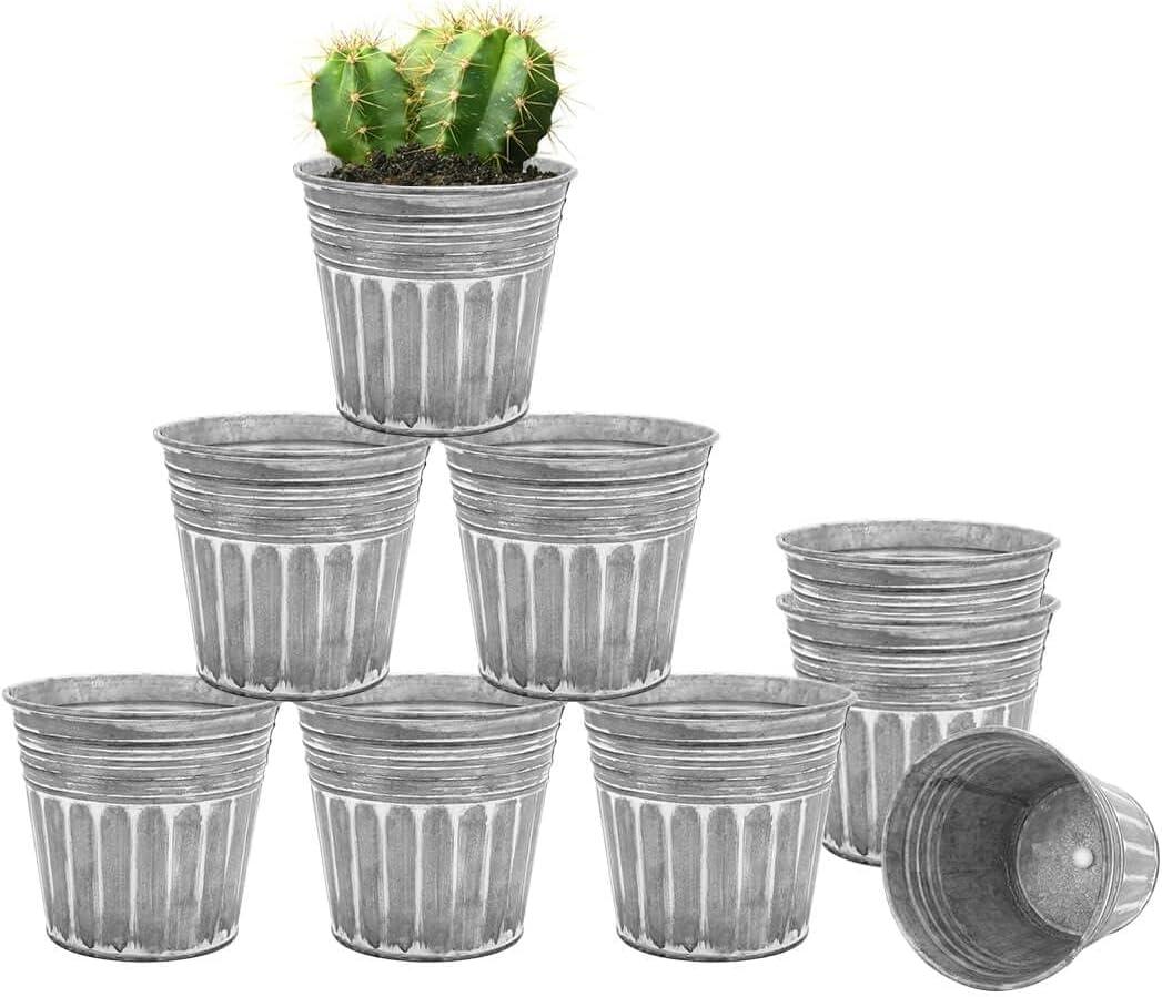 vensovo 3 Inch Metal Rustic Flower Pots - 9 Pcs Small Galvanized Planters with Drainage Hole and Rubber Plug, Rustproof Tin Bucket Plant Pot Indoor Farmhouse Vintage Style for Decor, Silver
