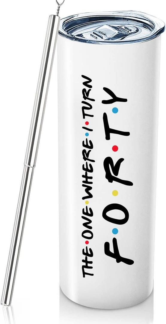 40th Birthday Gifts For Women 1982 Birthday Decorations For Women Female 12 oz Wine Tumbler Happy 40 Year Old Bday Presents For Bestie Friend Sister Woman White Wine Cup With Turn Forty Keychain