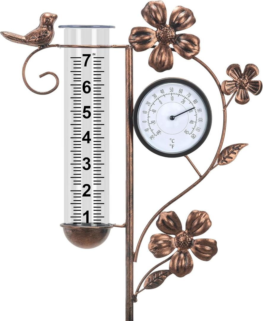 Rain Gauge Outdoor with Thermometer Garden Decor, Bird Decorative Outdoor Rain Gauges for Yard Patio Lawn Garden