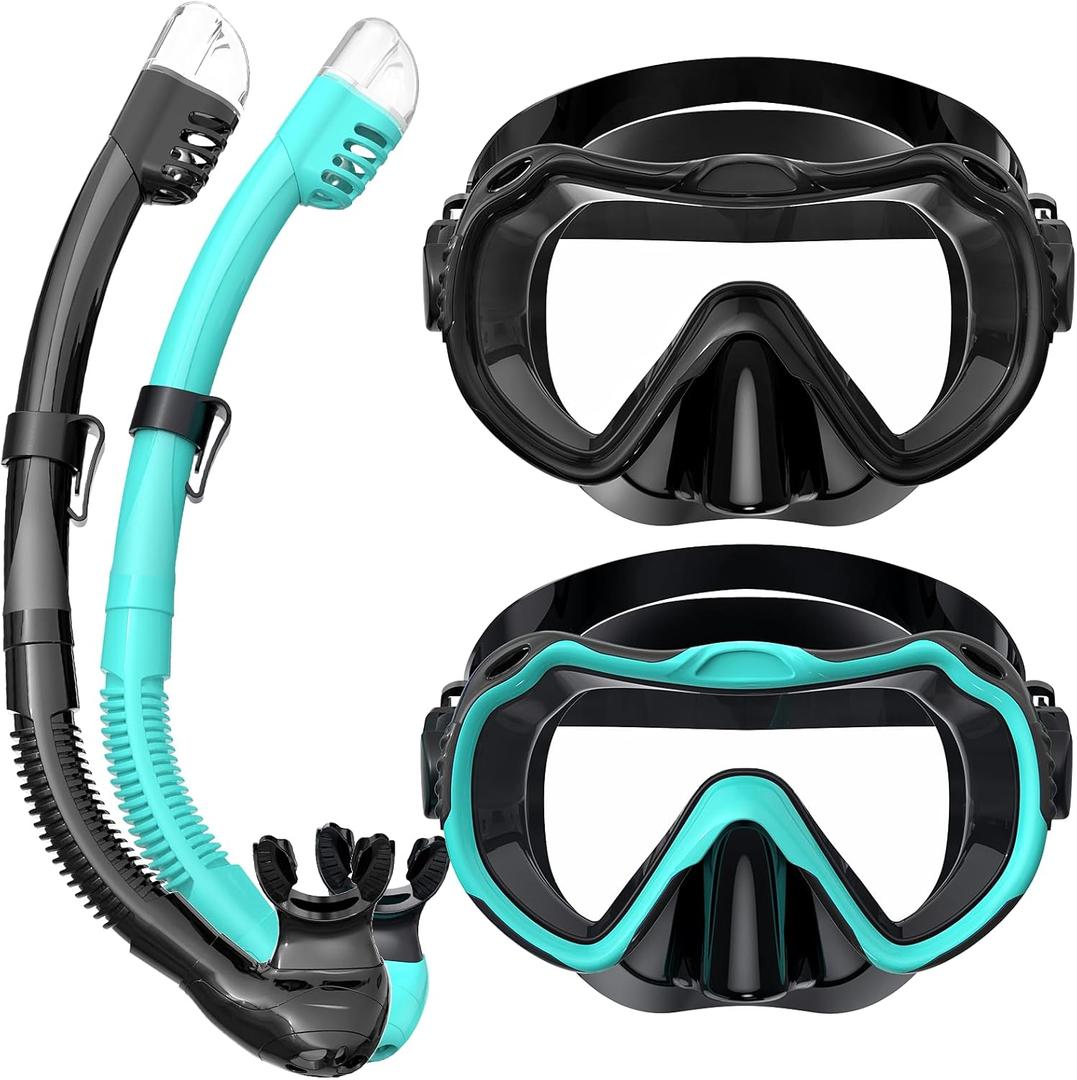 Snorkeling Gear for Adults, Snorkel Mask Set 180 Panoramic View Snorkel Gear, 100% Food-Grade Silicone Anti-Fog Anti-Leak Dry Top Diving Mask for Snorkeling Swimming Scuba Diving (Black-Green)