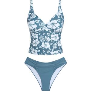 ZAFUL Women's Spaghetti Strap Tankini Swimsuits V Neck Tummy Control Tie Side Thong Bikini Swimsuits 2 Piece Bathing Suits (Large, 7-blue)