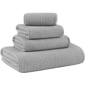 Waffle Weave Bath Towel Set, Microfiber, 4 Pieces, Quick Dry, Lightweight, Super Absorbent, Lint Free, 380 GSM (Silver)