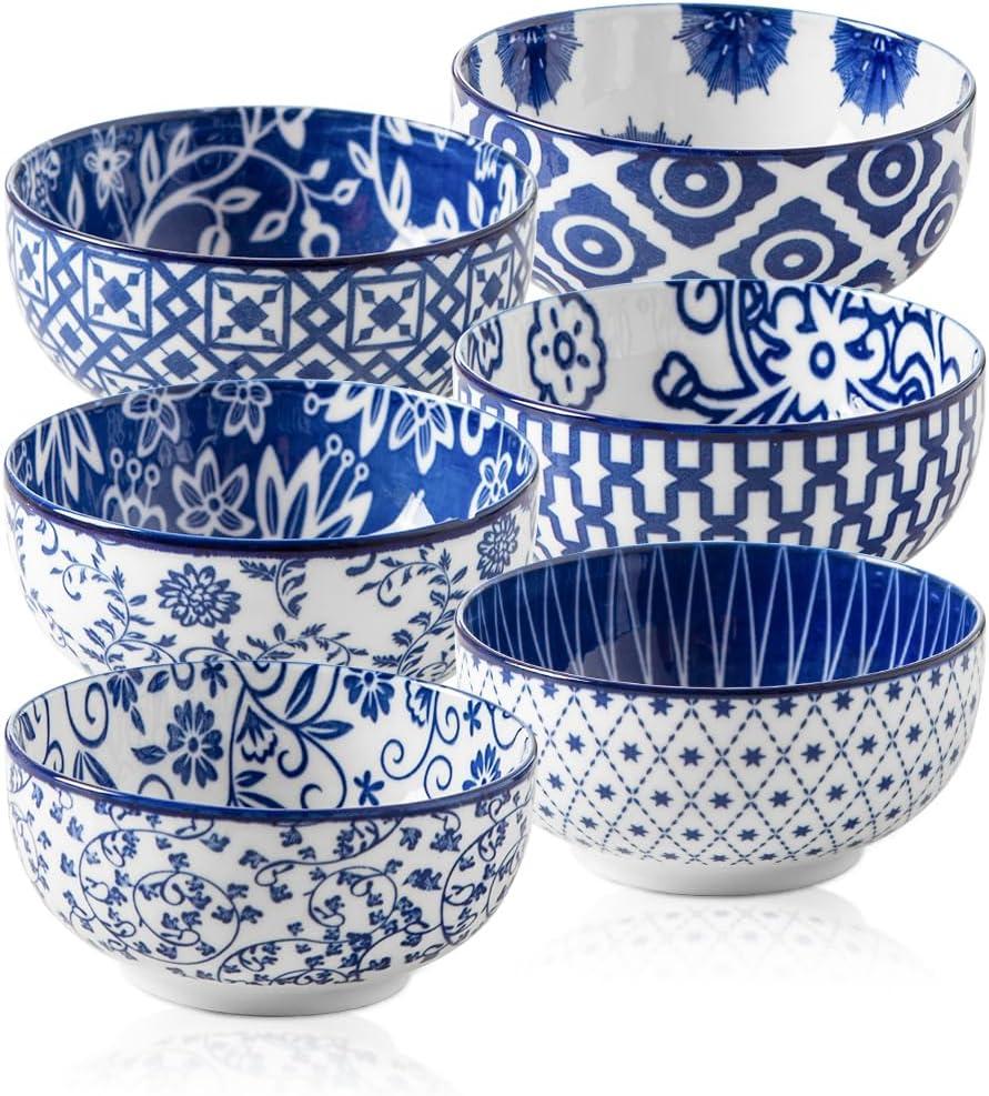 Ceramic Dipping Bowls Set - Mini 4 Oz Dessert Bowls - Small 3.5 Inch Porcelain Bowls for Side Dishes, Snack, Yogurt, Appetizer - Microwave Dishwasher Safe - Set of 6 - Vintage Blue