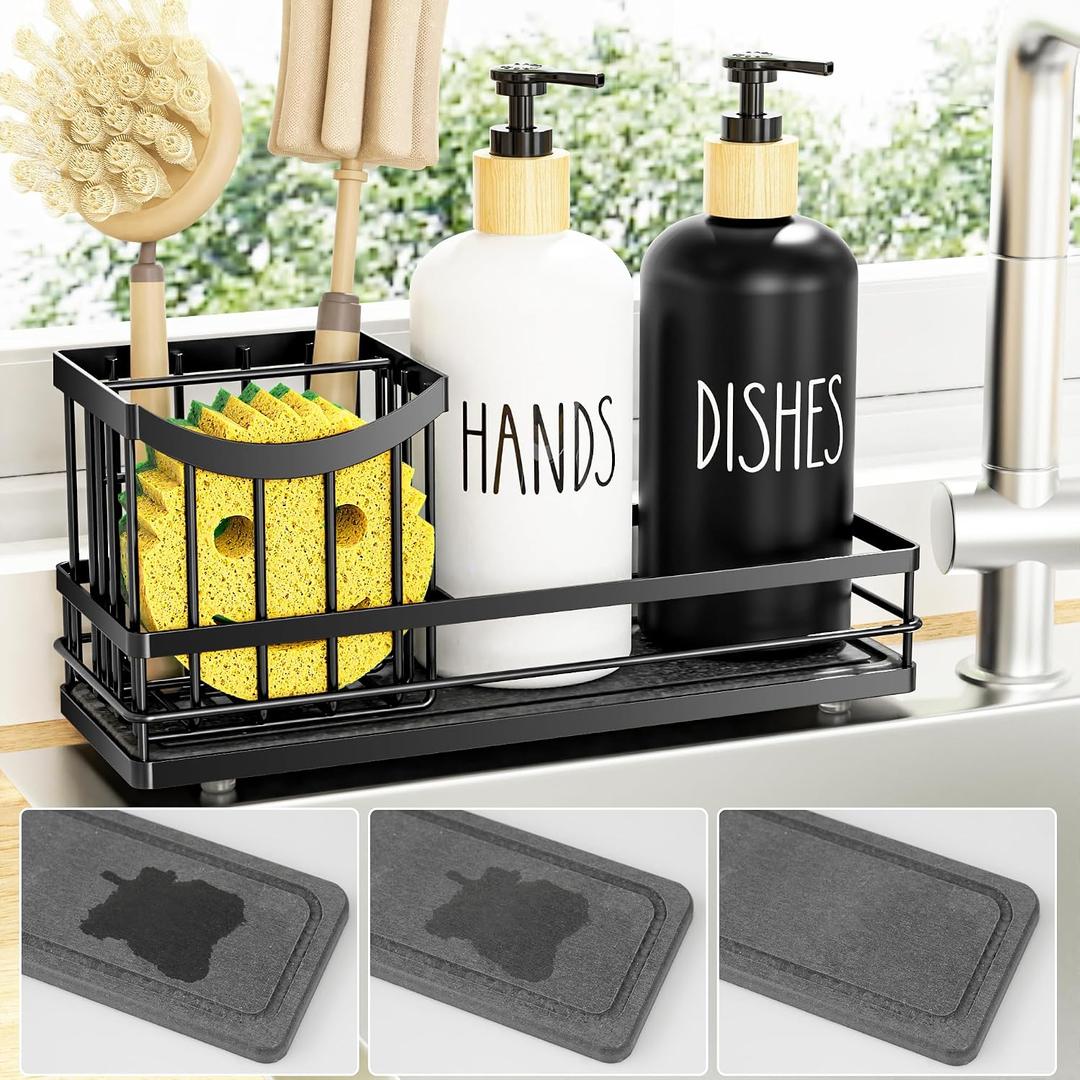 Moforoco Kitchen Dish Soap Dispenser Set, 16OZ Glass Bottle, Hand and Dish Soap Dispenser Set, Instant Dry Tray, Brush Holder with Smiley Face Sponge Holder (Universal Black Tray+Black&White Bottle)