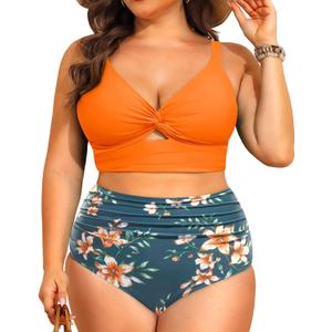 Daci Plus Size Two Piece Swimsuits - Women High Waisted Bikini Tummy Control Bathing Suits Knot Twist Swimwear 2025 Orange Flowers 18 Plus2