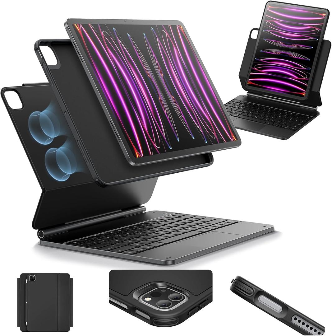 ESR iPad Pro 12.9 Case with Keyboard, Easy-Set Magnetic Stand, Portrait/Raised Modes for iPad iPad Pro 12.9(6th/5th/5th/3rd), Removable Protective Case, Rebound 360 Series, Black