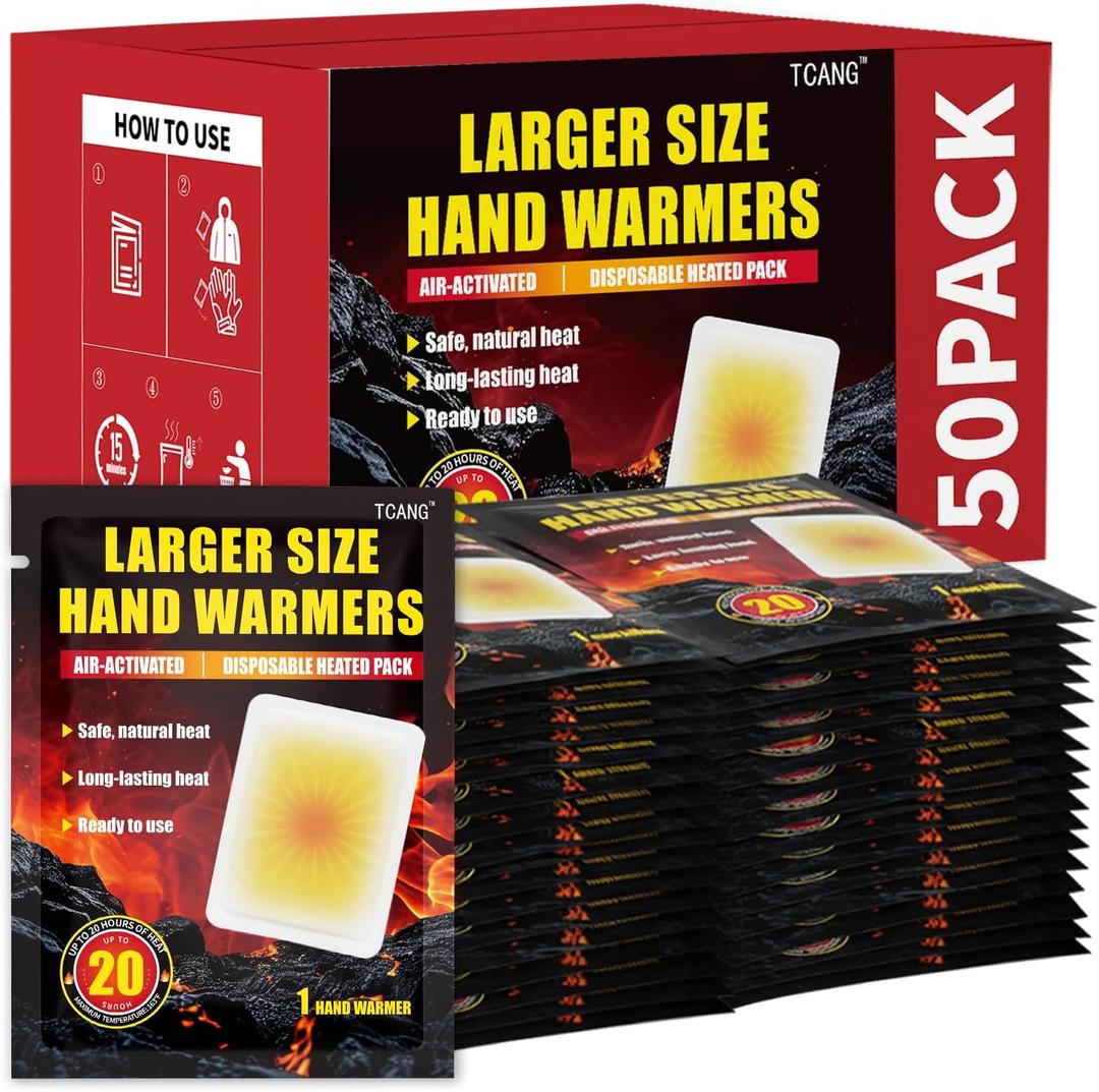 Large Hand Warmers Disposable - Up to 20 Hours of Heat - 50/100 Pack Super Long Lasting Air Activated Warmers, All Natural & Portable for Body, Hands & Toes - Odorless Hot Warmer Heater