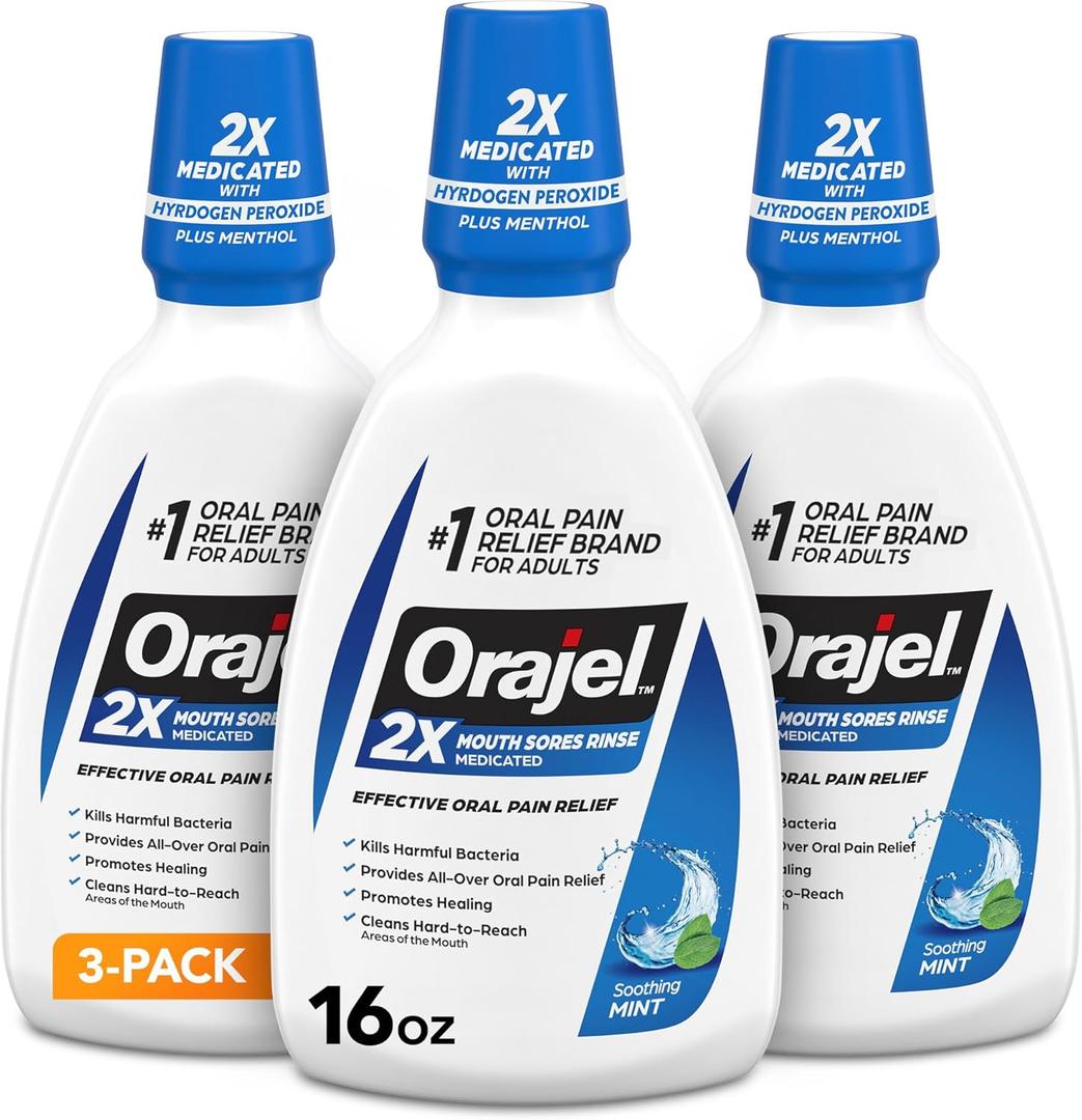 Orajel Nonseptic Mouth Sore Rinse 16oz, Soothing Mint Flavor, Provides Pain Relief, Promotes Healing, 3-Pack