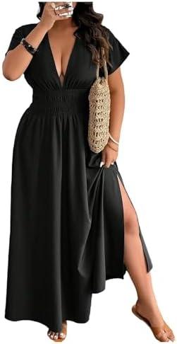SOLY HUX Women's Plus Size Deep V Neck Maxi Dress Short Sleeve Split Hem Flowy Summer Dresses XL
