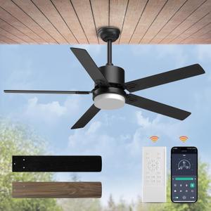 Ceiling Fan with Light: Low Profile Black Ceiling Fan with Light and Remote/APP Control Reversible Dimmable Flush Mount Modern for Bedroom Livingroom Indoor Outdoor Patio 52 Inch