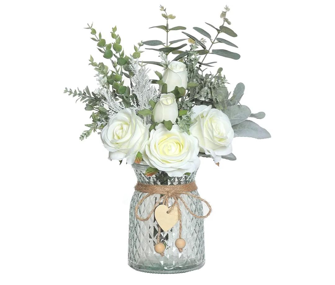 Faux Flowers with Vase,Artificial Silk Roses in Vase, Fake Plant Eucalyptus Flower Arrangement for Home Office Farmhouse Bathroom Dining Table Centerpiece Decorations Coffee Table Decor (White)