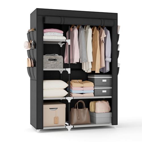 VTRIN Wardrobe Closet, 41.7 Inch Wide Portable Closets for Hanging Clothes with 1 Hanging Rod, 6 Shelves, 6 Pockets, Clothes Rack with Cover Portable Wardrobe Closet for Bedroom, Dorm, Black