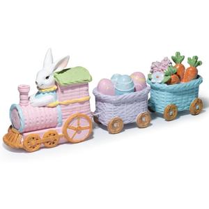Hodao Easter Bunny Train Figurine, Woven Look Spring Table Decor with Eggs and Carrots, Bamboo-Style Easter Decoration for Home, Mantel, Shelf & Farmhouse Spring Display (Multicolor-3)