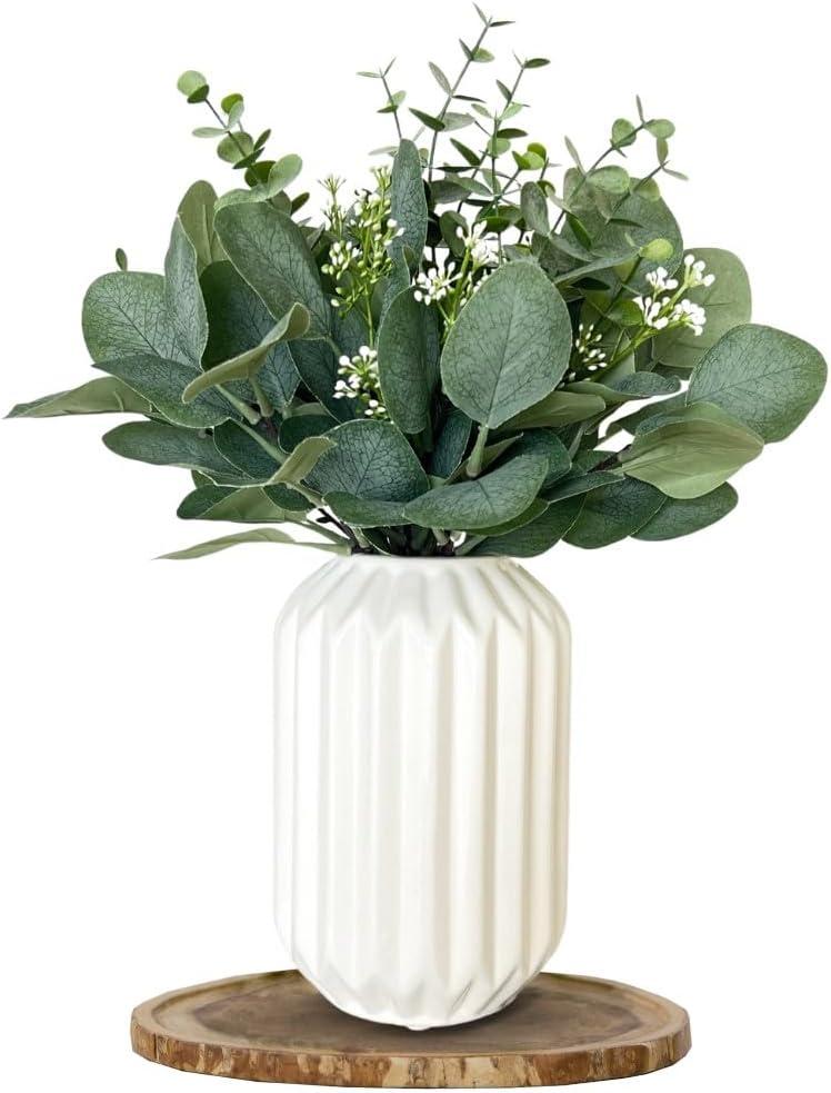 Fake Eucalyptus Decor in White Ceramic Vase Realistic Faux Plants Indoor Tabletop Fake Desk Plants for Office Small Potted Plant Artificial Decor Small Fakeplants for Shelves Bathroom Kitchen