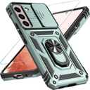 SunStory Phone Case for Samsung Galaxy S22 Plus 5G Case with HD Screen Protector & Slide Camera Cover & Rotated Ring Kickstand, [Military-Grade] [2 in 1] Phone Case for Galaxy S22 Plus 6.6",Green