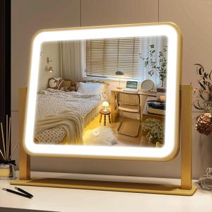 FENNIO Vanity Mirror with Lights 14x12 Inch - Makeup Mirror with Lights Tabletop, 3-Color Dimmable Lighted Mirror, Touch Control Desktop Mirror for Women (Gold)