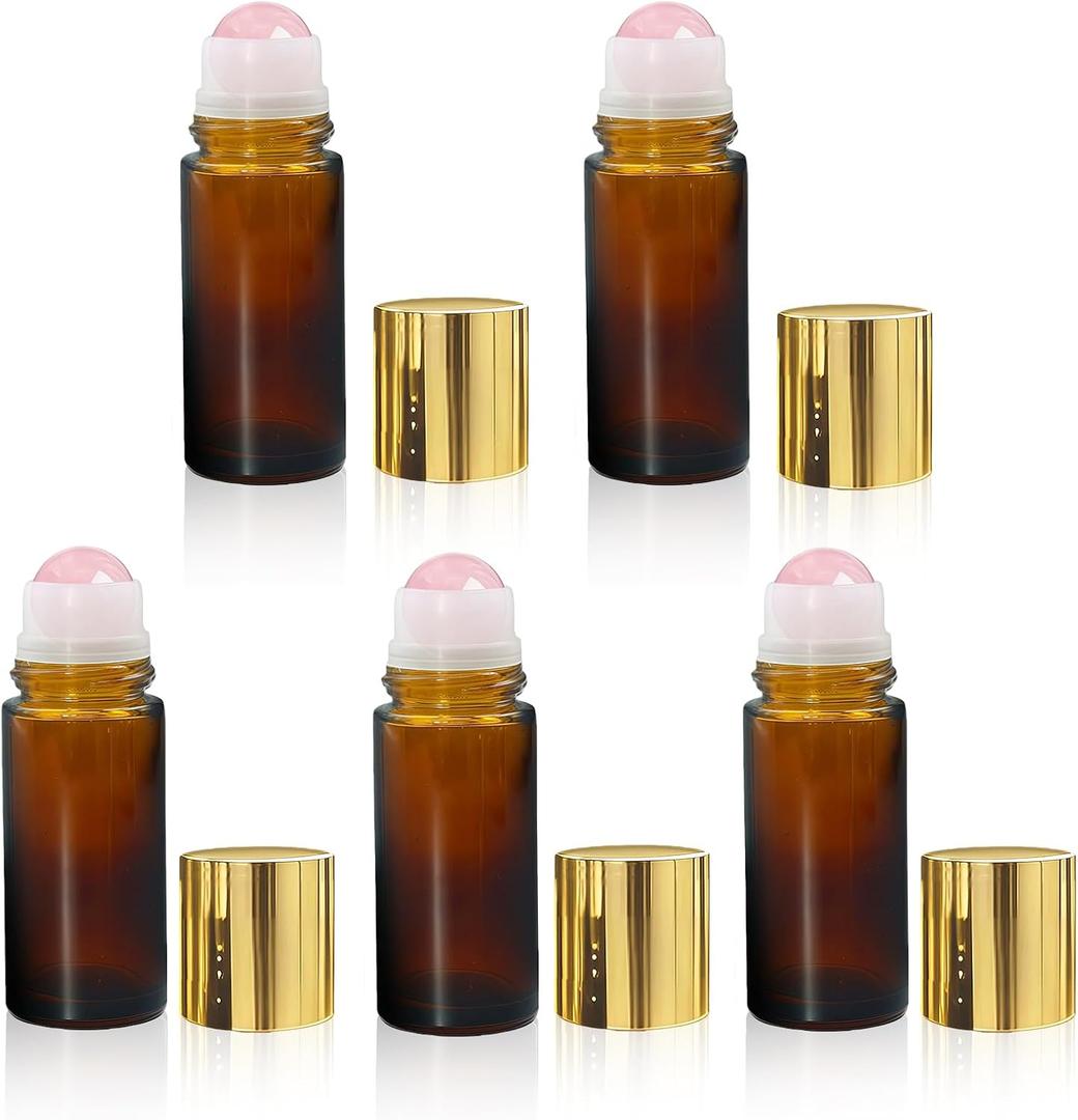 5 Pack Rose Quartz Roller Bottles for Essential Oils, 50ml Refillable Amber Glass Roll On Bottles with Natural Crystal Roller Balls, Leak-Proof Travel Perfume Bottle with Gold Caps
