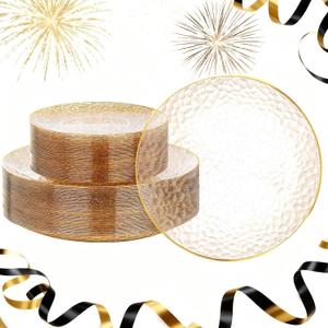 Rubtlamp 60Pcs Clear Gold Plastic Plates, Gold Glitter Disposable Plates, Hammered Plastic Plates Included 30 Dinner Plate And 30 Dessert Plates for New Year