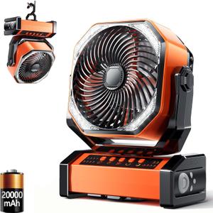 Camping LED Fan with Light, 20000mAh Rechargeable Battery Powered Outdoor Tent Fan with Light and Hook, 4 Speed, Personal USB Desk Fan for Camping, Fishing, Power Outage,Hurricane, Worksite (D12-Orange)
