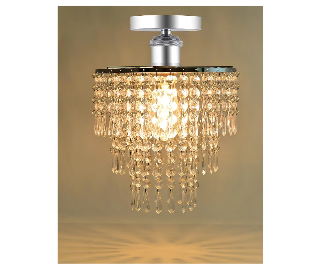 FlavorThings Modern Semi Flush Mount Chrome Ceiling Light Fixture,3 Tiers Fuax Crystal Acrylic Beaded Chandelier,W10.5 H 11",with Clear Acrylic Jewel Droplets (Flush Mount, Chrome)