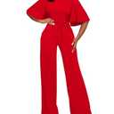 BessCops Red Women Casual Loose Short Sleeve Belted Wide Leg Pant Romper Jumpsuits S