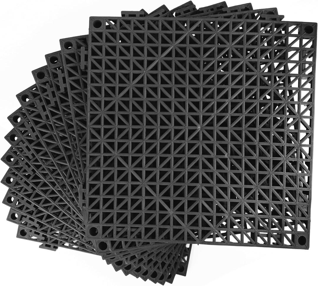 MYFAMIREA Modular Interlocking Cushion 12 Pack 11.8" x 11.8" Rubber Floor Tiles Non-Slip Splicing Drainage Mats for Deck, Pool, Outdoor Shower, Patio, Balcony, Indoor Bathroom, Kitchen, Yard (Black)