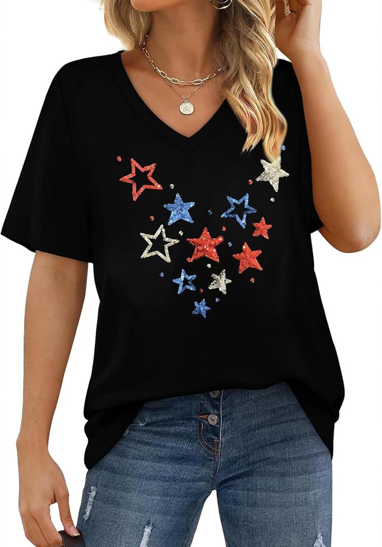 American Flag Shirts Women4th of July V-Neck Short Sleeve Patriotic T-Shirt Memorial Day Graphic Tee (M)