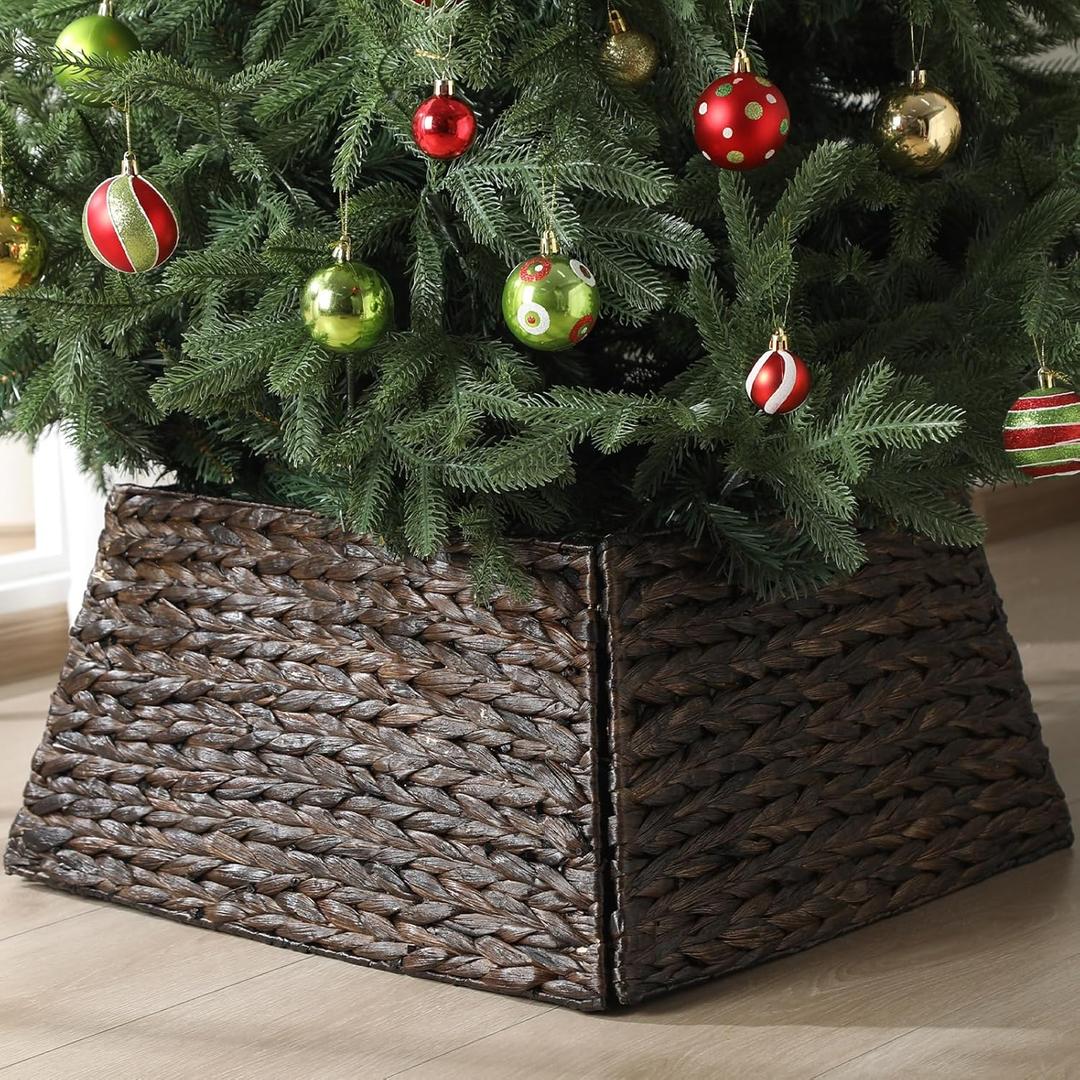 22 Inch Christmas Tree Collar Water Hyacinth Woven Farmhouse Square Base Cover Christmas Tree Basket for Xmas Holiday Decorations(Brown Black)