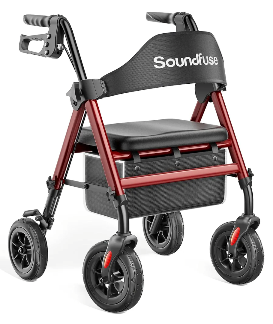 Rollator Walkers for Seniors with Seat, Foldable Lightweight Rolling Walker with 8" Big PU Wheels, Ergonomic Seat, Dual Height Adjustment, Red 