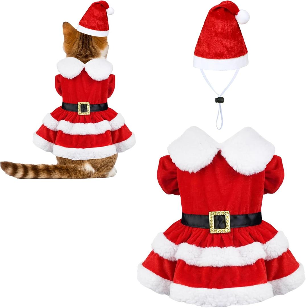 PAYHTOW Cat Christmas Outfit Cat Christmas Dress with Santa Hat Costume Holiday Outfit Clothes for Cats Kittens Puppy (Small)