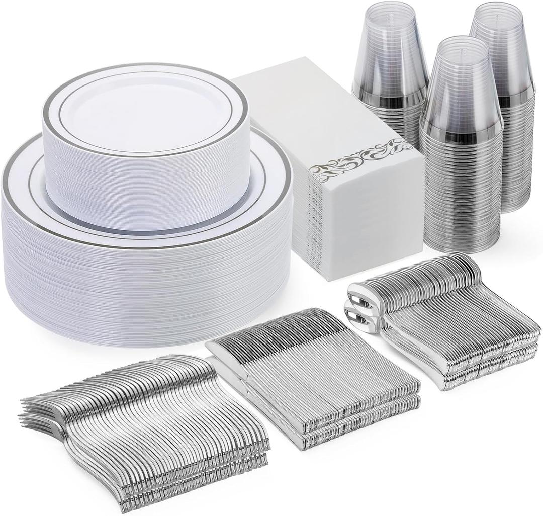Goodluck 350 Pieces Silver Dinnerware Set for 50 Guests, disposable Plastic Plates for Party, Include: 50 Dinner Plates, 50 Dessert Plates, 50 Paper Napkins, 50 Cups, 50 Silverware set