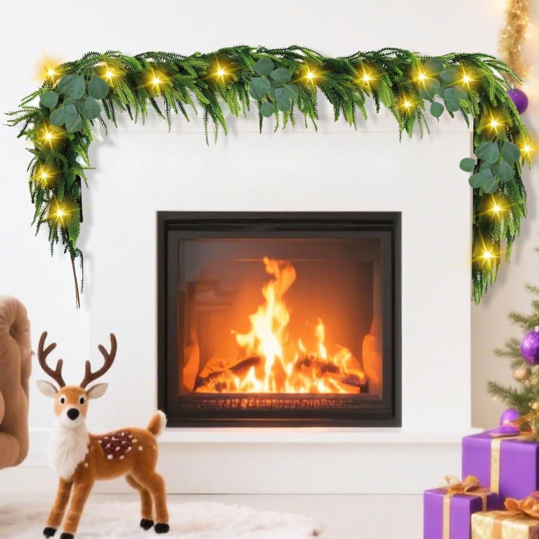 Norfolk Pine Garland with Lights, 6 Ft Faux Garlands with Eucalyptus Leaves Christmas Greenery Garland for Mantel Stairs Railing Table Indoor Outdoor Christmas Holiday Decor (1 PCS)
