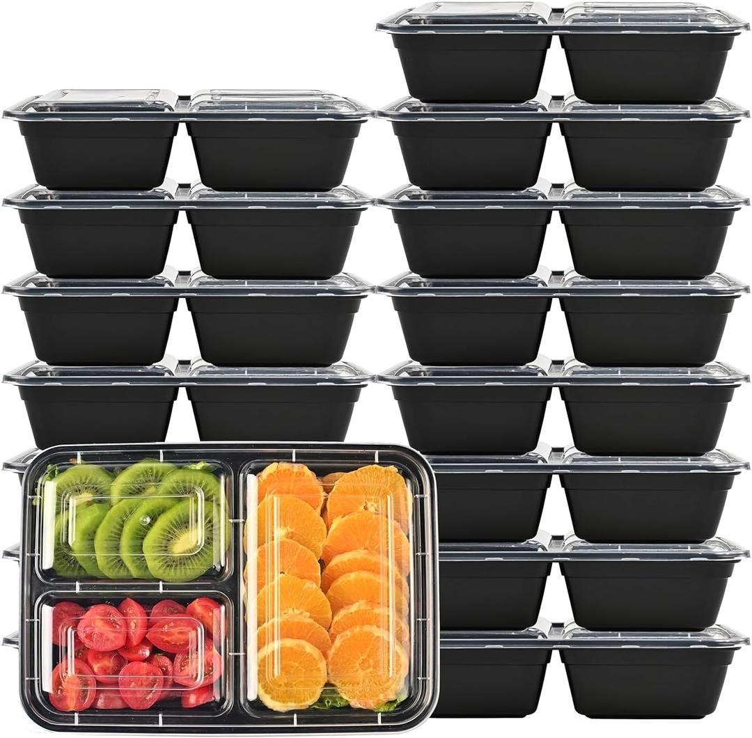 LOKATSE HOME 12 Pack 3 Compartment Meal Prep Food Storage Containers with Lids Reusable Take Out Box, BPA Free, Stackable, Microwave/Dishwasher/Freezer Safe (43 oz)
