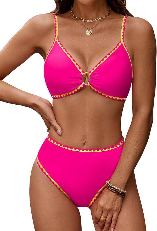 Blooming Jelly Womens Bikini Sets Color Block Two Piece Swimsuit O Ring Stitched Bathing Suit 2026 (X-Large)