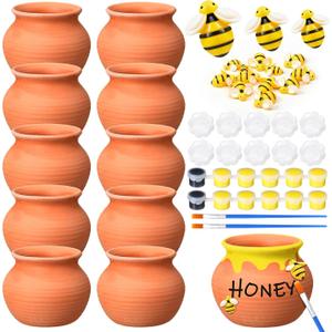 10 Sets Terracotta Clay Honey Pots Kits Bulk Bee Birthday Party Table Centerpieces Decorations DIY Honey Pot Jar Activity Bee Party Favors Gift for Guest Summer Baby Shower Crafts (Classic)