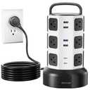 【10ft】 Power Strip Tower JACKYLED Surge Protector Electric Charging Station with 13A 12 Outlets 6 USB Ports Heavy Duty Extension Cord for Home Office Computer Nightstand Laptop Phone White Black