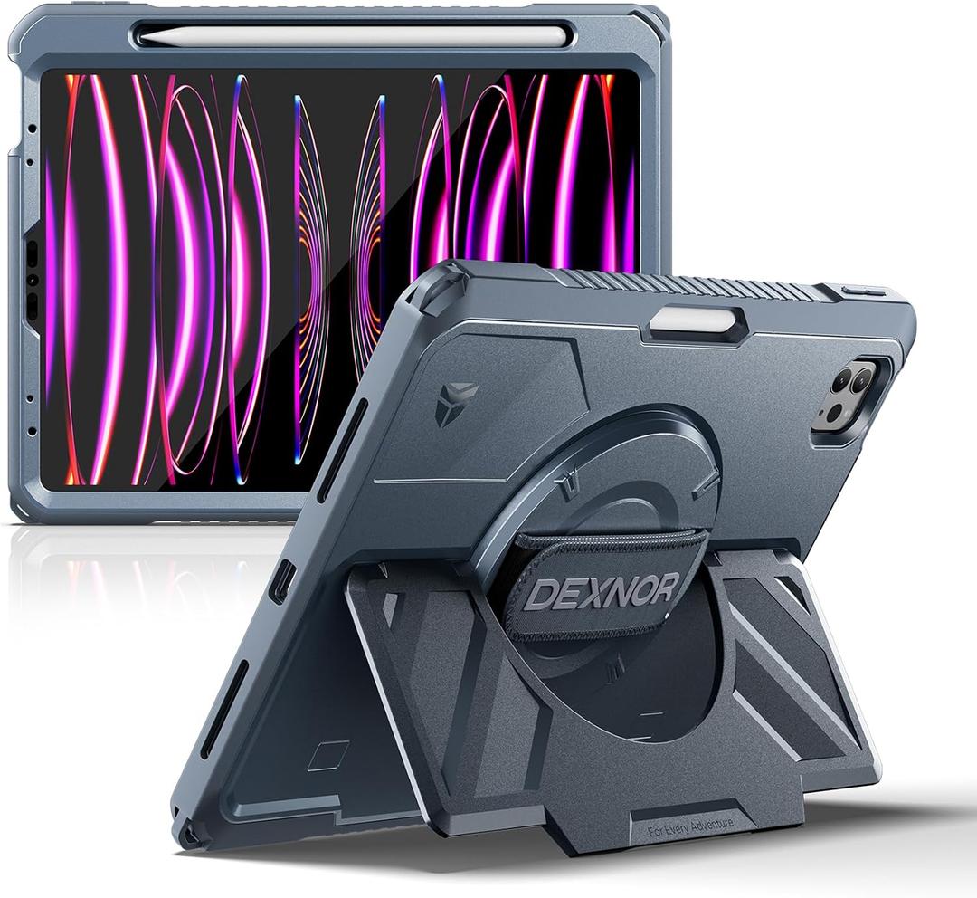Dexnor Case for iPad Pro 11 inch 4th/3rd/2nd/1st Gen Extra-Wide Stand
Rugged Protective Case, 360° Rotating Hand Strap, Screen Protector, Pencil Holder, Shockproof Full-body Cover, Blue