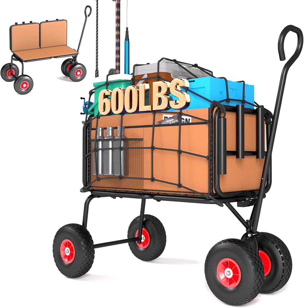 3 in 1 Beach Fishing Cart, Heavy Duty Garden Carts w/All Terrain Inflatable Tires, Folding Wagon Cart, Convert to Chair or Bench with Cushion, Rod Holders and Durable Oxford Bag (Tan)