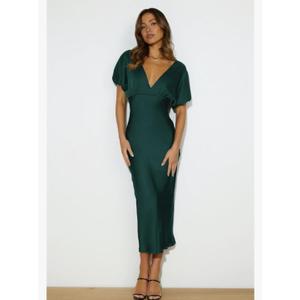 Satin V Neck Puffy Sleeves Silk Midi Dresses Empire Waist Elegant Tie Back Formal Cocktail Dress for Women Wedding Guest XS, Emerald 