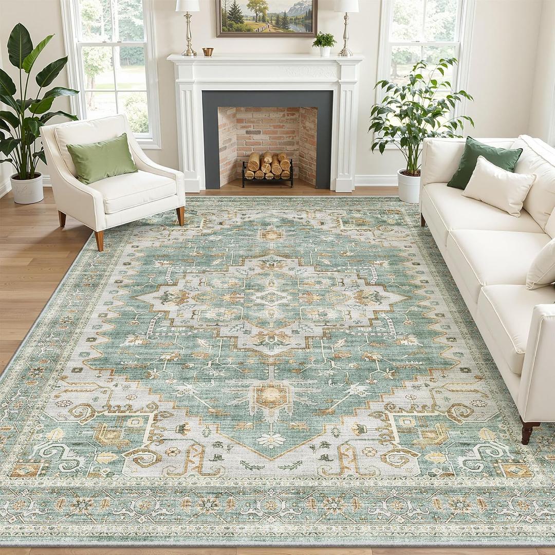 befbee Washable Area Rug 5x7, Area Rugs Stain Resistant Neutral Washable Rugs for Living Room Bedroom Vintage Non-Slip Thin Large Size Area RugGreen