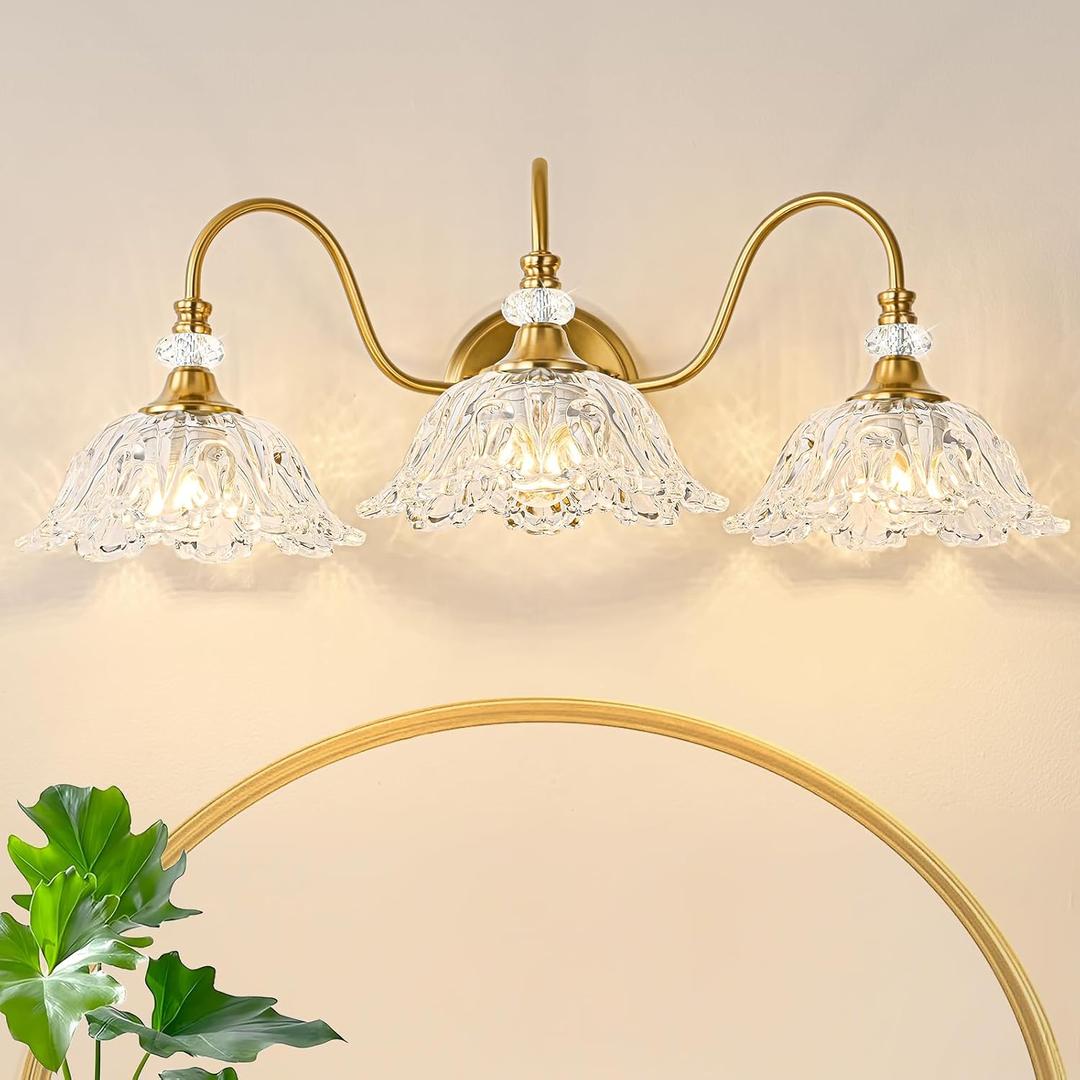 Gold Bathroom Vanity Light, 3-Light Brushed Gold Finish Vanity Light with Floral Clear Glass Shades, Retro Wall Mount Lighting for Bathroom, Dressing Table