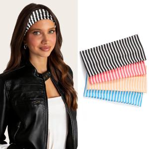 4 Pack Stripe Headband for Women - Non Slip Wraps Elastic Stretchy Hairbands, Soft Fabric Hair Bands for Yoga Workouts, Breathable Head Bands for Hairstyles & Outfits, Valentine's Day Gifts