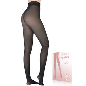 UISLII Fleece Lined Women's Tights Warm, Fake Translucent, Thermal, Skin Colored for Winter (Black Foot, Medium-Tall)