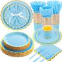 350 Pcs Light Blue and Gold Foil Plates and Napkins, 50 Guest Spring Party Supplies Include Gold Foil Scalloped Paper Plates Napkins Cups Plastic Spoons Forks Knives for Birthday Baby Shower