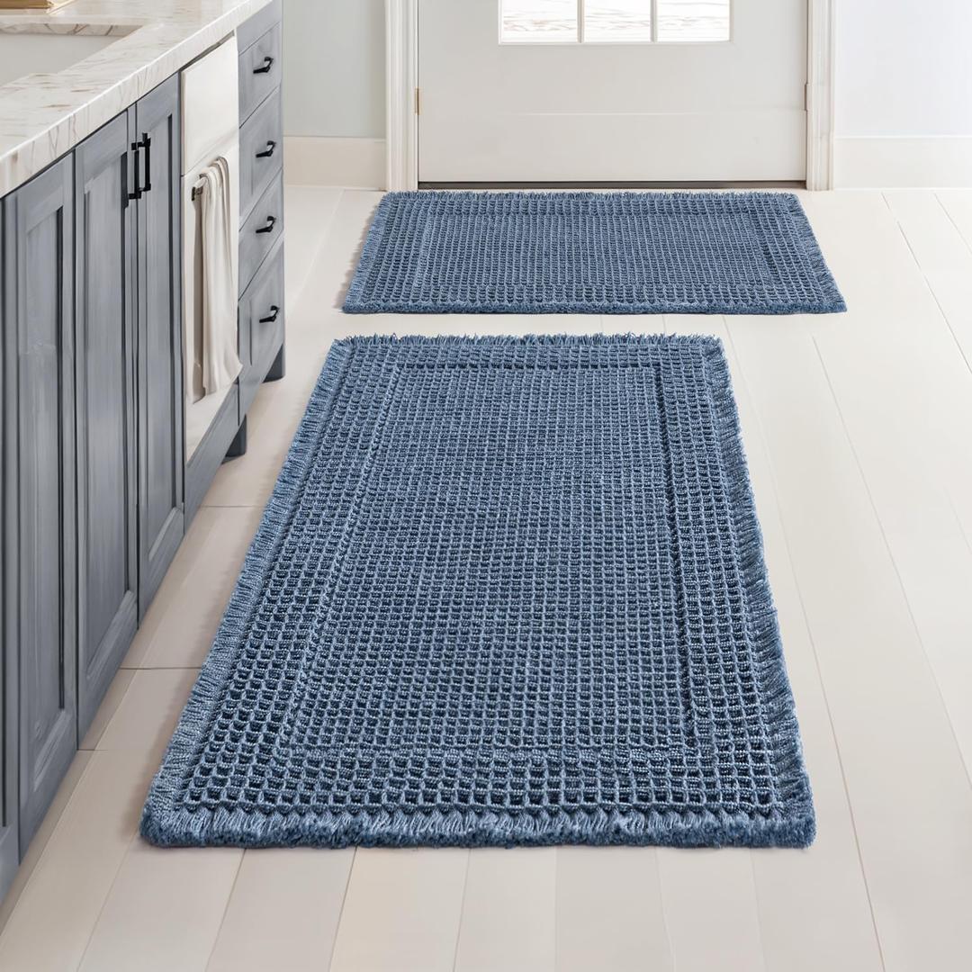 MIULEE Set of 2 Waffle Bathroom Rugs, Boho Bath Rug Super Absorbent, Non Slip Washable Ultra Soft Rubber Backed Shower Bath Mats for Floor, Tub, Shower, Bordered Design, Blue, 17"x24"+18"x30"