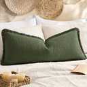 Kevin Textile 14x36 Inch Long Lumbar Pillow Cover 1 Pack Boho Fringe Decorative Rectangle Cushion Case with Tassels Neutral Cotton Woven Textured Farmhouse for Living Room Couch Sofa Bed, Olive Green